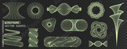 Wireframe 3D shapes set. Abstract Grid y2k futuristic aesthetic., surface mesh and geometric wireframe shapes. Cyberpunk vector elements.