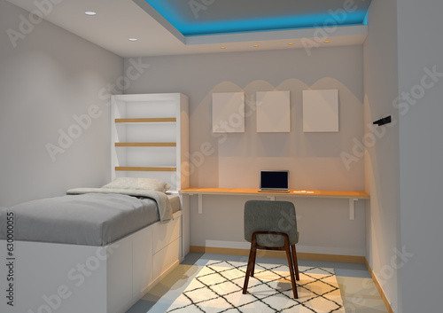 3D rendering illustration of a child's room with drop ceiling, LED bias lighting and wooden wardrobe, gray base paint photo