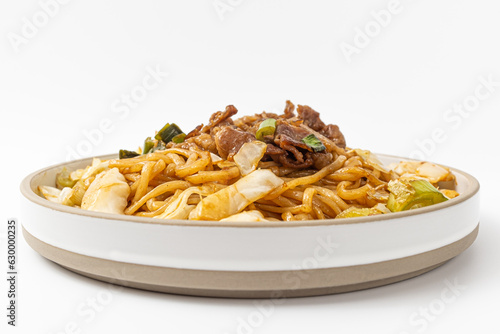 Beef fried noodles on white background