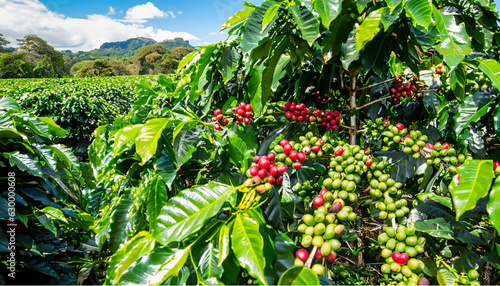 coffee plantation in costa rica with blue sky, beans on the plant