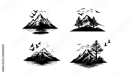 Vector illustration collection of different mountain icons in flat style. Rocks, mountains and hills set isolated on white background.