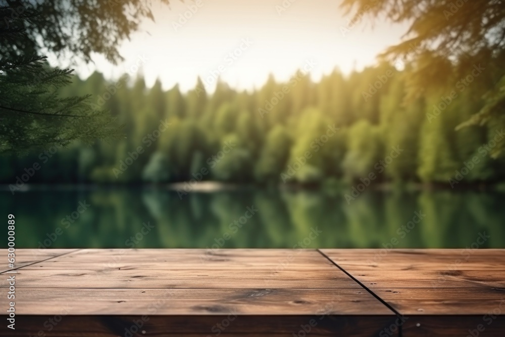 Lake natural background with empty rustic table Lake natural background with empty rustic table