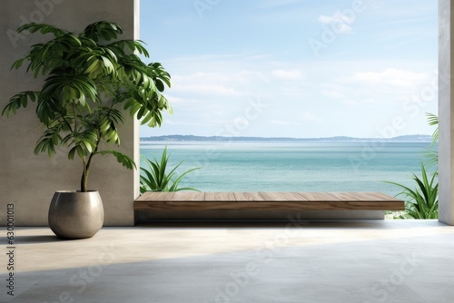 A patio with an ocean view and a plant
