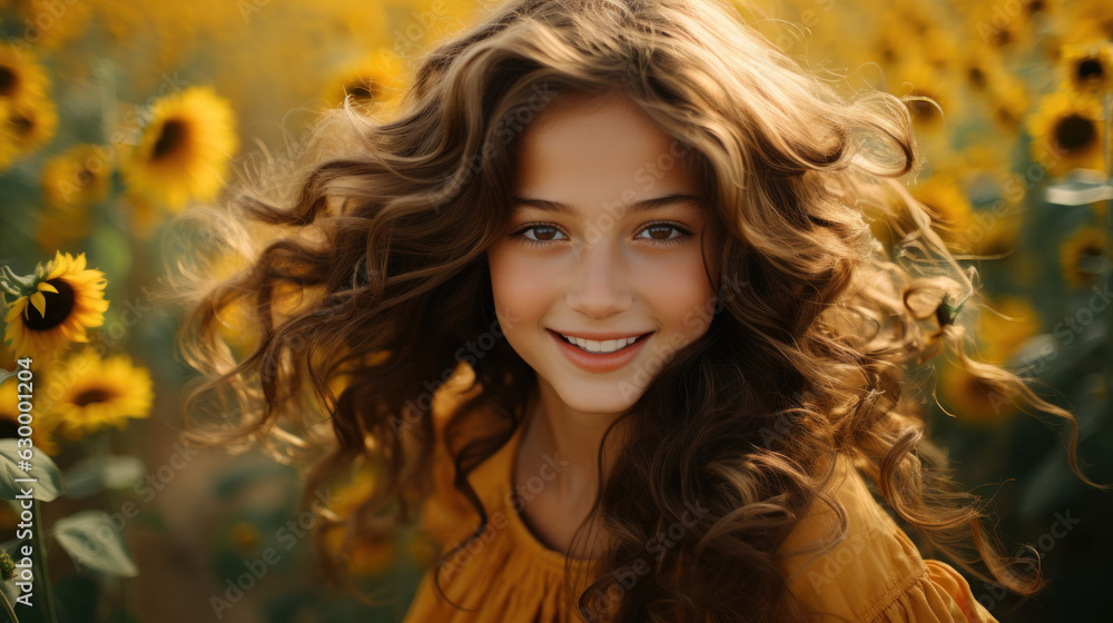 Close-up of Cute girl in Sunflowers fields, Woman smiling Close-up of Cute girl in Sunflowers fields, Woman smiling