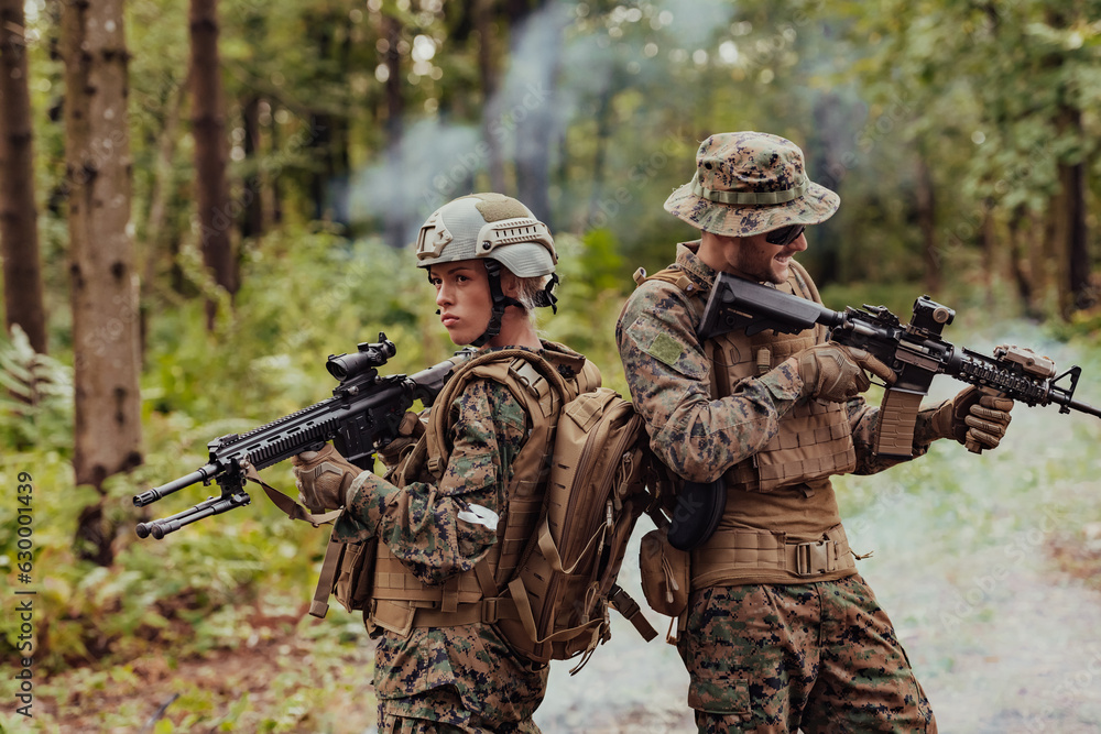 Modern Warfare Soldiers Squad Running in Tactical Battle Formation Woman as a Team Leader Modern Warfare Soldiers Squad Running in Tactical Battle Formation Woman as a Team Leader