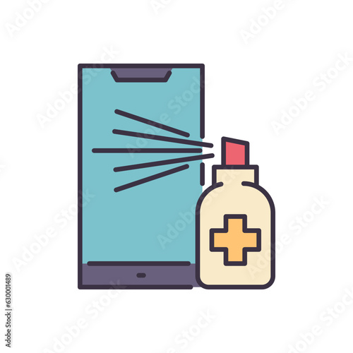 Smartphone disinfection related vector icon. Alcohol Disinfector sprays aerosol onto smartphone screen. Disinfection sign. Isolated on white background. Editable vector illustration