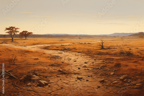 Dried land in hot season. Cracked soil. No water. Generative ai.