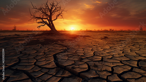 Dried land in hot season. Cracked soil. No water. Generative ai.