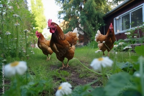 hens roaming freely in a lush green backyard