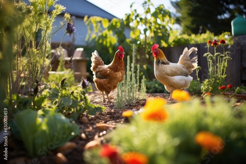 chickens pecking at a vegetable garden, showcasing sustainability