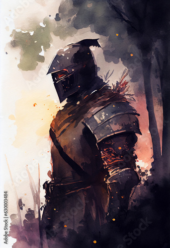 watercolor portrait of knight with armor and helmet. dark fantasy scenery. generative ai