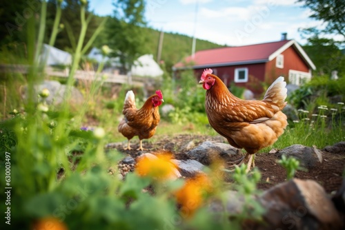 chickens pecking at a vegetable garden, showcasing sustainability