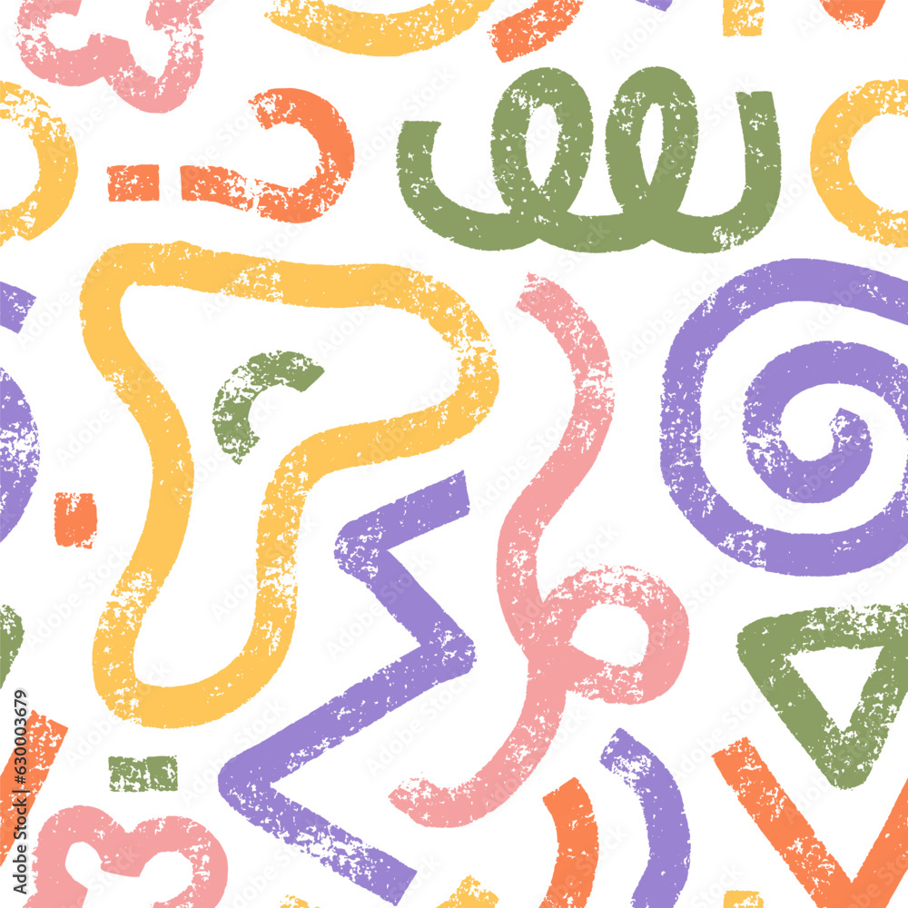Multi colored bold geometric shapes seamless pattern. Chalk brush drawn scribble zigzags, circles, triangles, spiral and doodle. Vector ornament with various chaotic drawn colorful geometric figures. Multi colored bold geometric shapes seamless pattern. Chalk brush drawn scribble zigzags, circles, triangles, spiral and doodle. Vector ornament with various chaotic drawn colorful geometric figures.