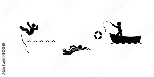 man fell into the water, drowning man rescue, lifeguard badge, throws a lifebuoy to a swimmer