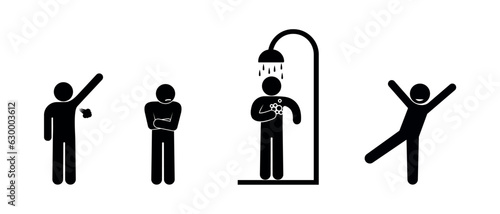 smell of sweat, violation of hygiene, a person washes, stick figure human silhouette