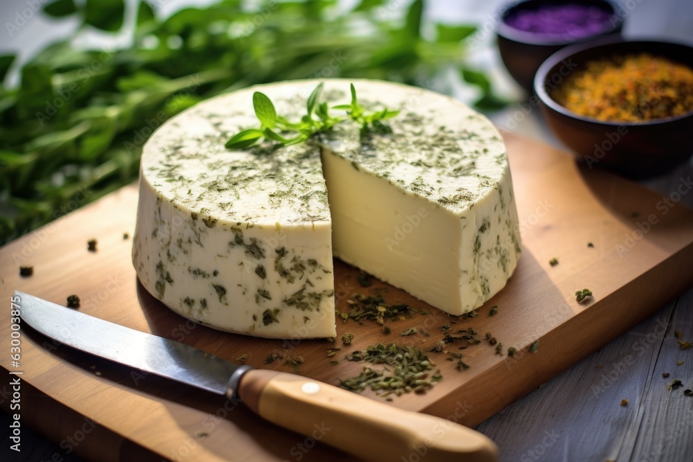 homemade cheese with fresh herbs and spices