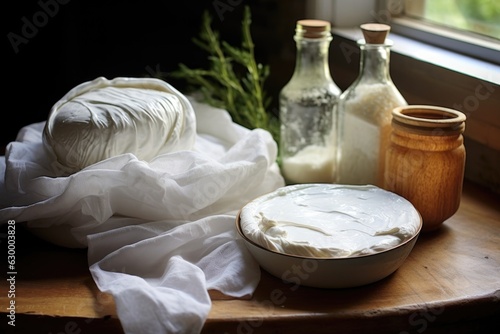 homemade soft cheese being wrapped in cheesecloth photo