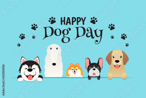 Happy Dog Day Greeting Card Vector illustration. Cute cartoon dogs