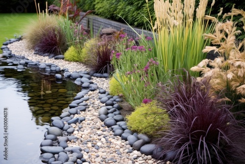 diy pond edging with pebbles and ornamental grasses