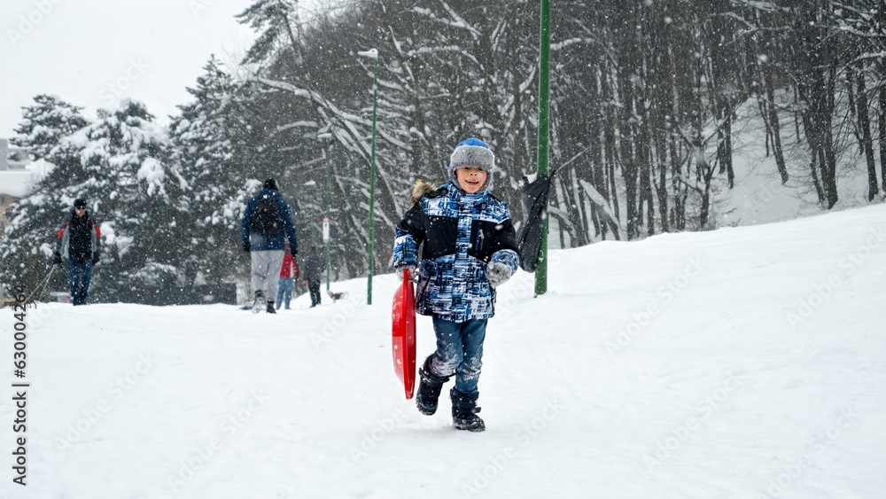 Smiling young boy with his plastic sleds, running on the snowy hill with snowflakes falling around him. Great for winter holiday and outdoor activities themes.