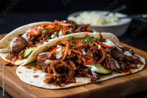 korean-greek fusion gyros with kimchi and bulgogi