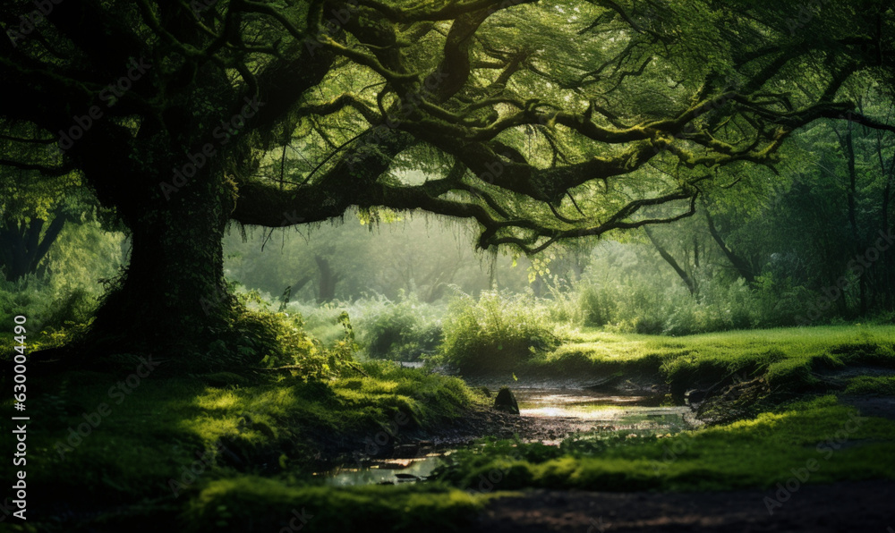 Naklejka premium A beautiful view of countryside landscape with green grass and old trees. Nature design theme.