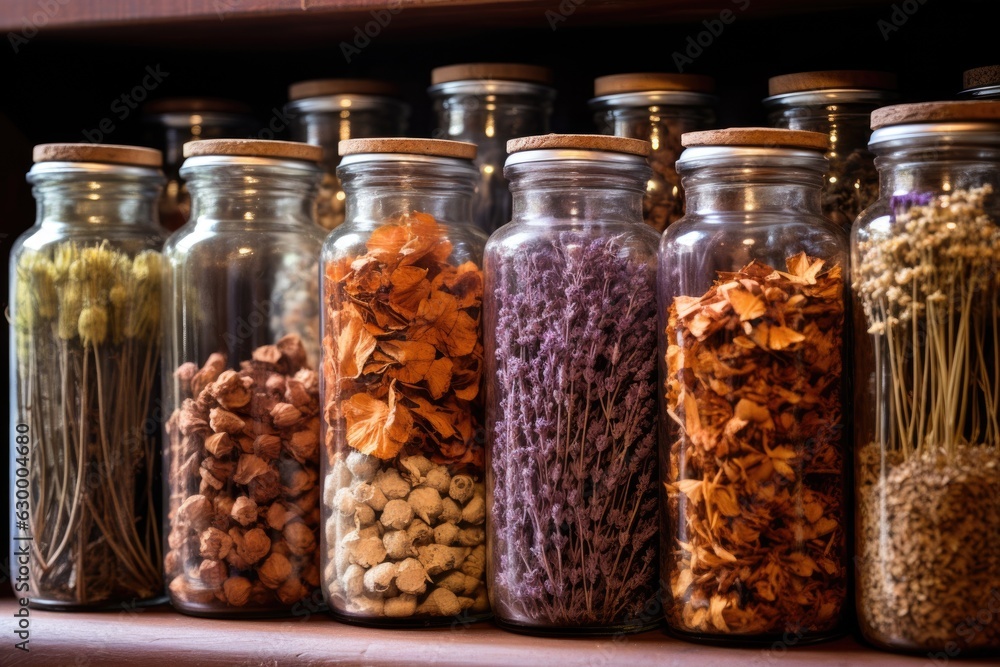 close-up of dried medicinal herbs in glass jars close-up of dried medicinal herbs in glass jars