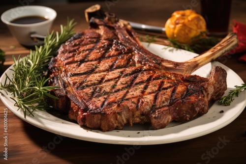 grilled t-bone steak with grill marks on plate