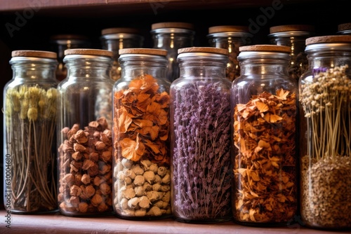 close-up of dried medicinal herbs in glass jars