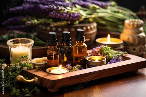 aromatherapy oils and candles on a wooden tray