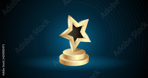 Gold star with golden podium glowing on dark background. 3d realistic gold statue prize winner award giving ceremony in film and cinema or leader in sport. Symbol of film industry. First place prize.