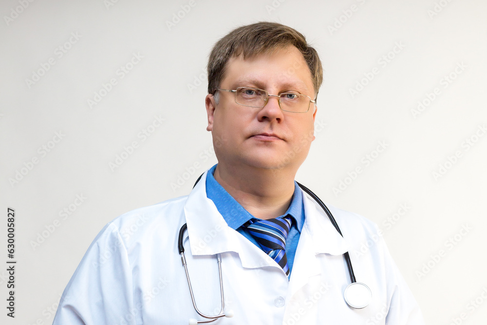 Handsome blond doctor glasses and a white coat smiles sweetly.