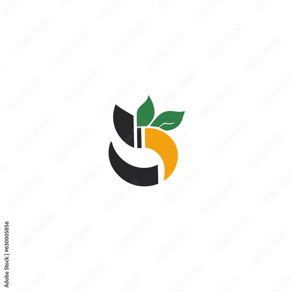 curved line logo vector with green leaf for icon business