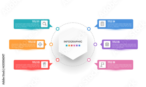 Infographic diagram 6 options or steps template. Mind Map, Process, Planning, Organization. Vector illustration.
