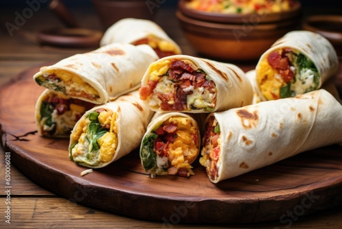 homemade breakfast burritos lined up on a rustic tray