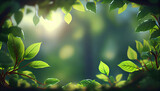 Beautiful natural spring summer defocused panoramic background frame with fresh juicy foliage and bokeh outdoors in nature, Ai generated image
