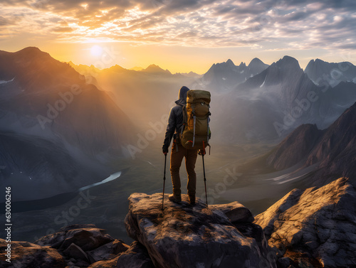 A mountaineer standing at the top of a mountain facing the sunlight, symbolizing success, perseverance, and courage © JQM