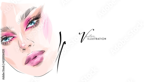 Beautiful young woman with makeup, hand drawn in vector format.