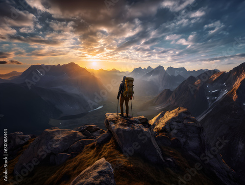 A mountaineer standing at the top of a mountain facing the sunlight, symbolizing success, perseverance, and courage