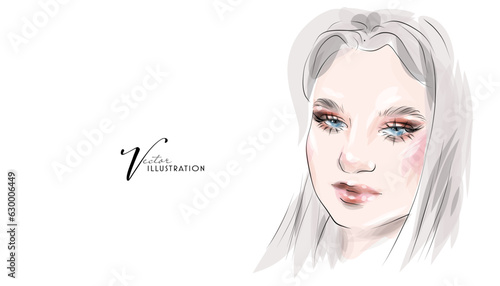 Beautiful young woman with makeup, hand drawn in vector format.