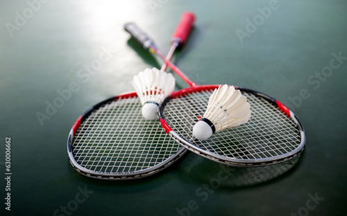 Two shuttlecocks and badminton racket on court floor photo