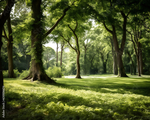 A beautiful view of countryside landscape with green grass and old trees. Nature design theme.