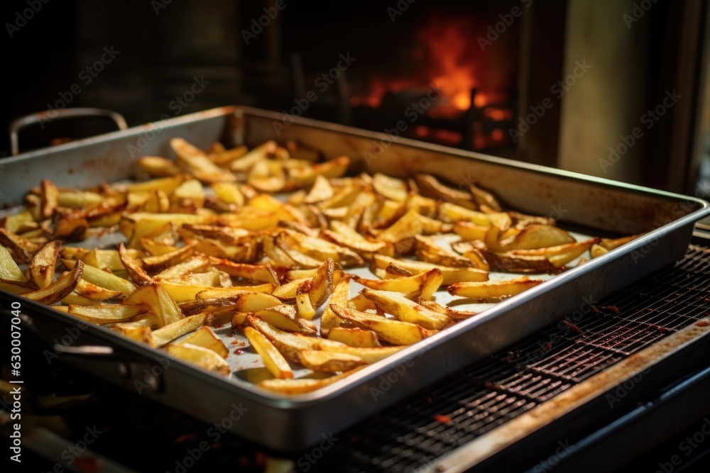 hand-cut fries on baking sheet in oven hand-cut fries on baking sheet in oven