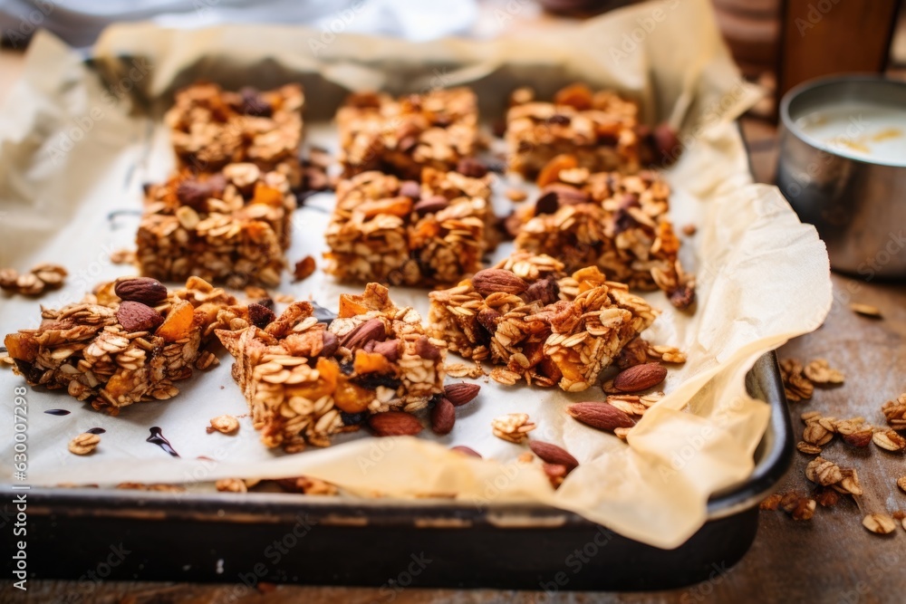 sliced granola bars on a parchment-lined baking tray sliced granola bars on a parchment-lined baking tray