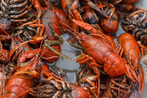 River crayfish are cooked, seasoned with spices in a saucepan.