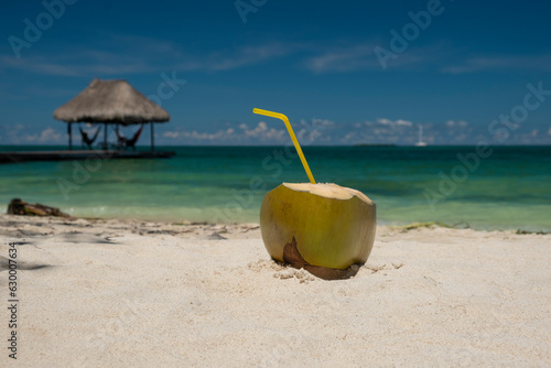 Fototapeta Naklejka Na Ścianę i Meble -  Fresh yellow ripe coconut with a straw on a white sand beach with blue sky and ocean water in the background. Selective focus, space for copy. Beach vacation, travel and south destination concept.