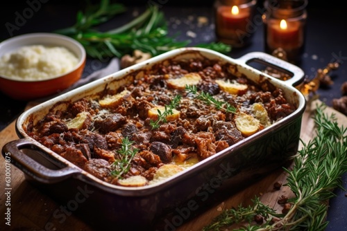 oven-ready moussaka in a baking dish