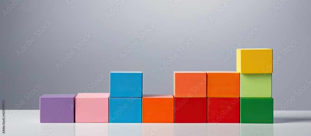 Colorful toy building blocks are displayed on a grey background with space to copy Colorful toy building blocks are displayed on a grey background with space to copy