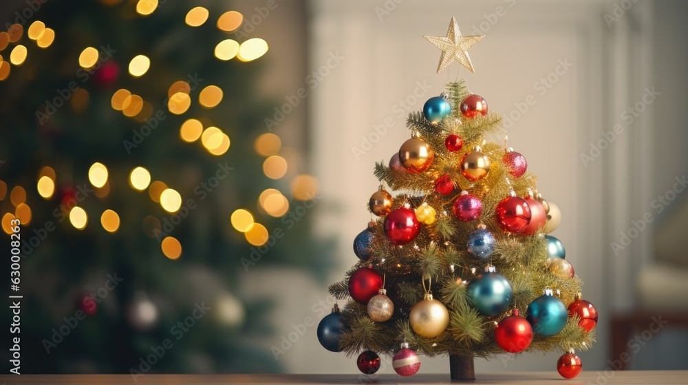 Christmas tree with colorful lights on bokeh background. Christmas tree closeup