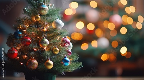 Christmas tree with colorful lights on bokeh background. Christmas tree closeup
